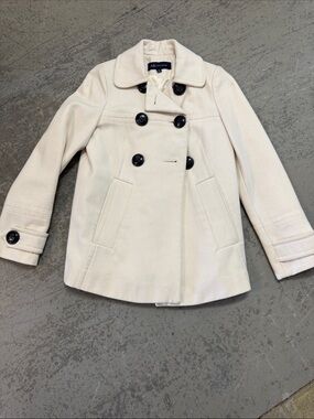 Anne Klein Cream Double-Breasted Peacoat with Black Buttons
